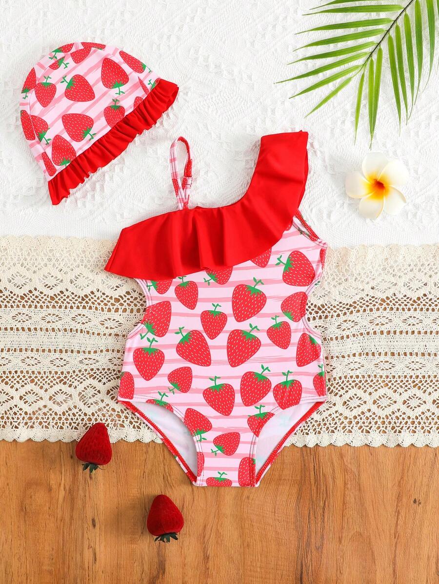 Baby Girl Strawberry Print Ruffled Asymmetric Neck One-Piece Swimsuit With Swim Cap - Multicolor - View 1