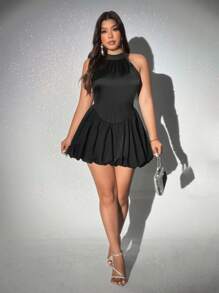 Viva Relle Vestido elegante y romántico sin mangas con cuello halter y volantes para mujer de talla grande