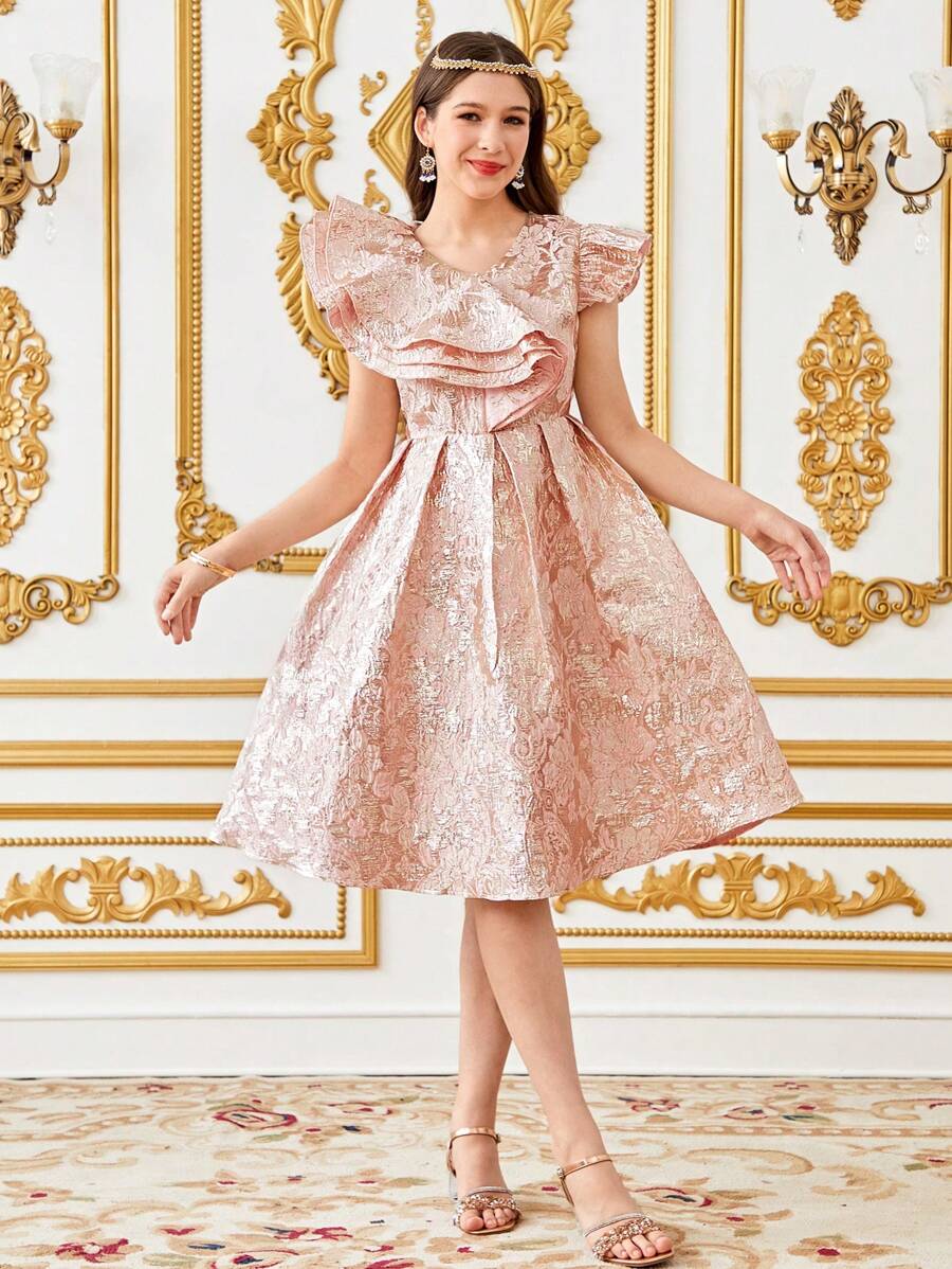 SHEIN Teen Girl Luxurious Elegant Multi-Layer Ruffle V-Neck Jacquard Pleated Cap Sleeve Dress