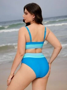 SHEIN Swim Curve Costume da bagno bikini a blocchi di colori per taglie forti per l'estate - Blu - Visualizzare 2