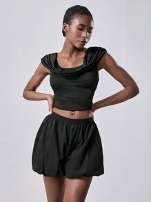 SHEIN Unity 2024 New High-Waist A-Line Ruffle Puff Shorts Women, Black ...
