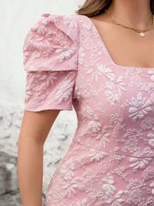 SHEIN Clasi Plus Size Women's Red Jacquard Puff Sleeve Slim Summer Dress, Women's Concert Dress, Women's Spring Dress, Women's Wedding Guest Dress, Women's Elegant Dress, Women's Birthday Dress, Pink Dress, Prom Dress, Romantic Dress, Elegant Dress