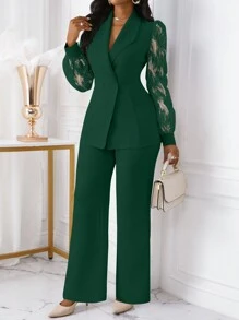 Xyvia 2pcs Women's Business Office Wear Embroidered Details Double-Breasted Fitted Blazer & Pants Set Fall Cloth For Women - Dark Green - View 1