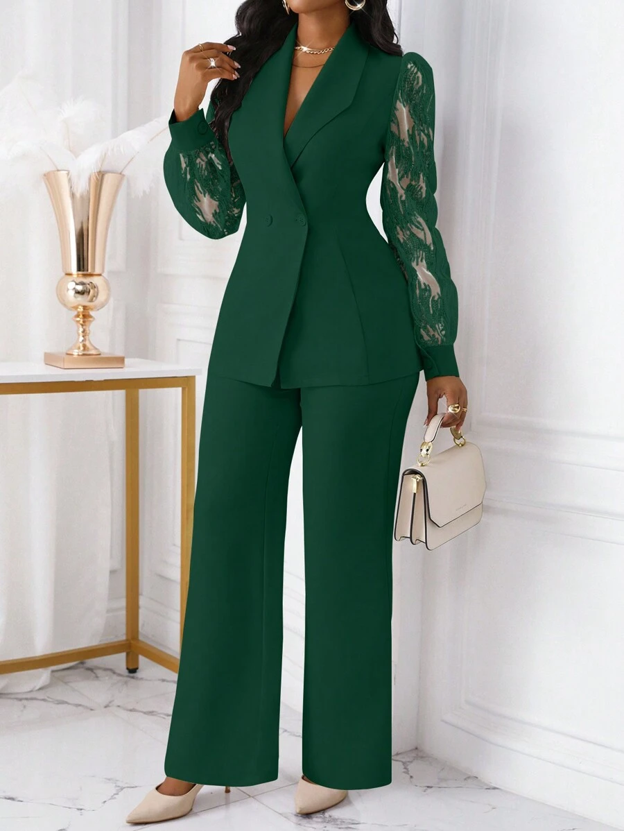 Xyvia 2pcs Women's Business Office Wear Embroidered Details Double-Breasted Fitted Blazer & Pants Set Fall Cloth For Women - Dark Green - View 1