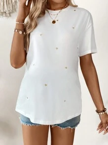 SHEIN Pregnant Women Heart Embroidery Short Sleeve Casual T-Shirt, Vacation