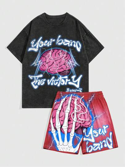 Street Life Men Washed Portrait & Letter Print Round Neck Short Sleeve Casual Top And Shorts Set