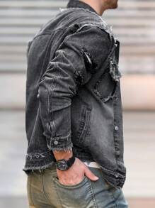 Manfinity LEGND Men's Autumn Single-Breasted Ripped Frayed Denim Jacket - Grey - View 4