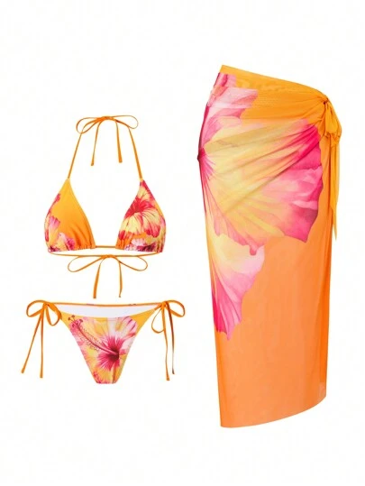 Swim Oasis 3 Piece Women Summer Beach Outfits Include Floral Print 3D Top, Tie-Front Bikini Bottom, And Mesh Wrap Skirt, Bohemian Resort Style