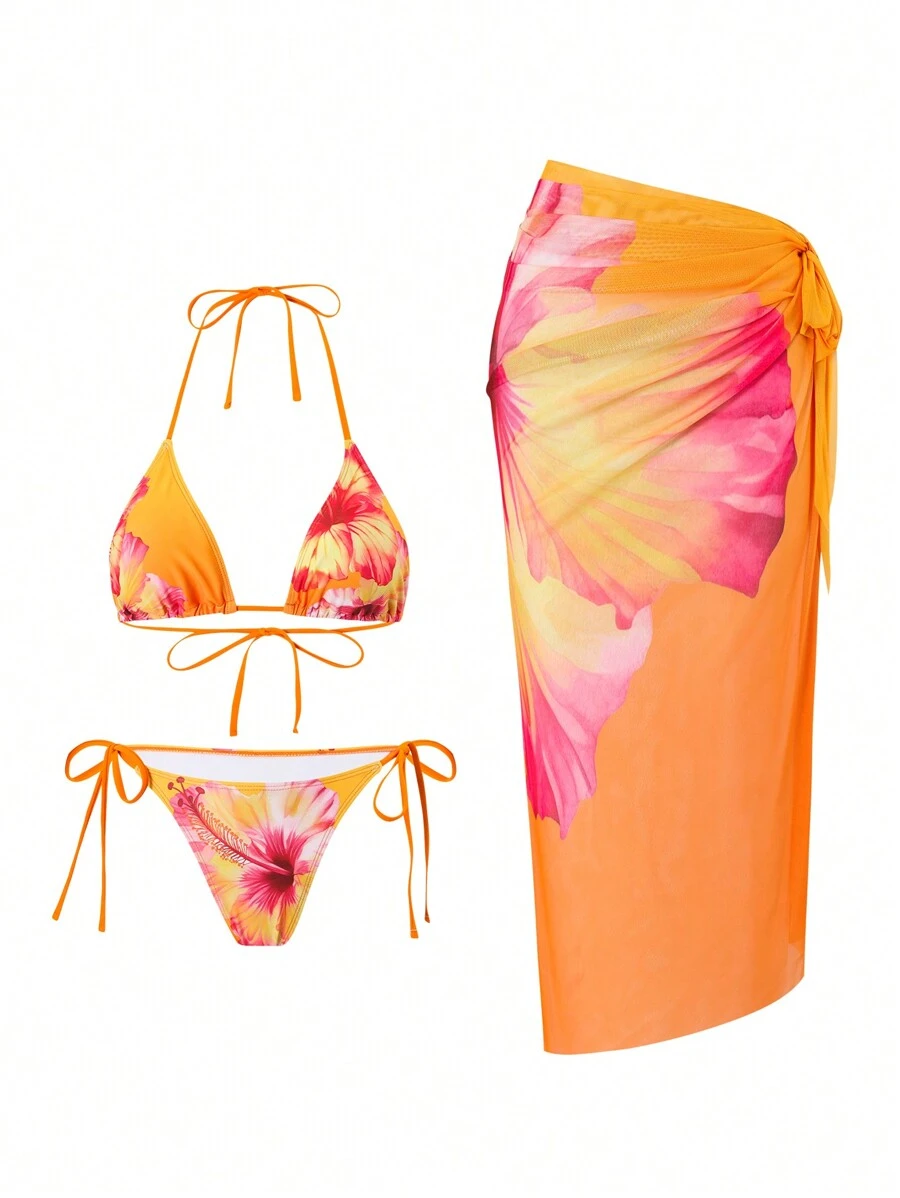Swim Oasis طقم ملابس صيفية للنساء مكون من 3 قطع يتضمن: ملابس علوية مطبوعة بزهور ثلاثية الأبعاد، بكيني قطعتين مع ربطة أمامية، وتنورة شبكية، بطراز بوهيمي للإقامة في المنتجعات