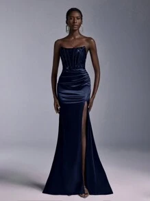 Elitara Elegant Sexy Navy Lace Top Chest See-Through Decoration Boned Breast Cup Fishtail Dress Shrink Pleated High Slit Stretch Bright Satin Heavy Industry Evening Dress Formal Prom Wedding Guest Gown, For Graduation, Dinner Party Dress - Navy Blue - View 1