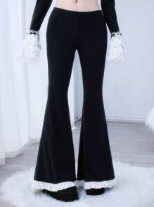 ROMWE Kawaii Women's Lace Patchwork Simple Flared Trousers, Casual Daily Wear - Black - View 6