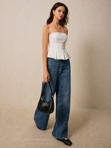 Poéselle Elegant Spaghetti Strap Peplum Top With Embroidered Detail - Ideal For Stylish Summer Outfits,Women's Peplum Tops, Spaghetti Strap Blouses, Cute Summer Tops, Embroidered Clothing, Chic Casual Wear - White - View 6