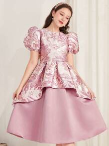 SHEIN Teen Girls' Pink Satin Jacquard Glossy Puff Sleeve Asymmetrical Dress Splicing Color Block Princess Party Dress, Fit For Formal Events, Festivals, Holidays