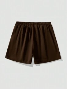 OTTIMOZO 大码男士纯色前系带简约休闲短裤，日常穿着 - 咖啡棕 - 查看 3