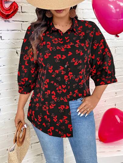 SHEIN Frenchy Camisa informal para mujer de talla grande para el Día de San Valentín, con forma de corazón, corazón rojo, amor, pareja