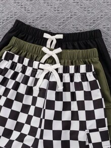 2pcs/Set Tween Boy Casual Conservative Classic Plaid/Solid Color Patch Pocket Loose Woven Shorts Outfit, 3 Designs, Suitable For School, Garden, Beach, Birthday, Spring/Summer/Autumn/Winter