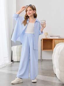 SHEIN Nova Glow Tween 女童休闲街头风编织蓝白条纹宽松插肩衬衫、白色吊带背心和阔腿条纹裤三件套，适合春夏季、周末、休闲出游、返校