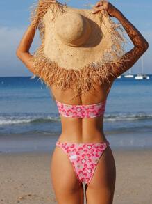 Swim Mod Springbreak Women Random Print Bandeau Tie Front Pleat Edge Cute 2Pcs Bikini Set, Festival Boho For Summer Beach Vacation - Pink - View 2