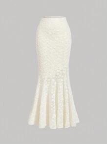 SHEIN MOD 女士杏色背心和蕾丝长款美人鱼裙套装，春季优雅装扮，老钱女人，女士朴素连衣裙 - 杏色 - 查看 5