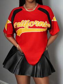 Slaydiva Casual Street Minimalist All-Match Versatile Sports College Style Letter & Number Color Block Pattern Round Neck Short Sleeve Loose Cropped Women T-Shirt, Summer - Multicolor - View 5