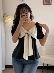 SHEIN Unity 女士优雅蝴蝶结泡泡短袖衬衫 - 彩色 - 查看 3