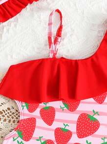 Baby Girl Strawberry Print Ruffled Asymmetric Neck One-Piece Swimsuit With Swim Cap - Multicolor - View 3