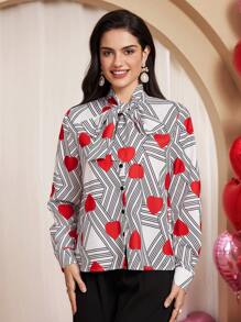 SHEIN Unity Women's Casual Heart Printed Tie Neck Blouse Fall Cloth For Women - White - View 5
