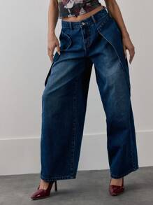 MUSERA Low Rise Baggy Fit Fold Flap Detail Loop Denim Jeans Spring 90's Cute Chic Summer - Blue - View 2