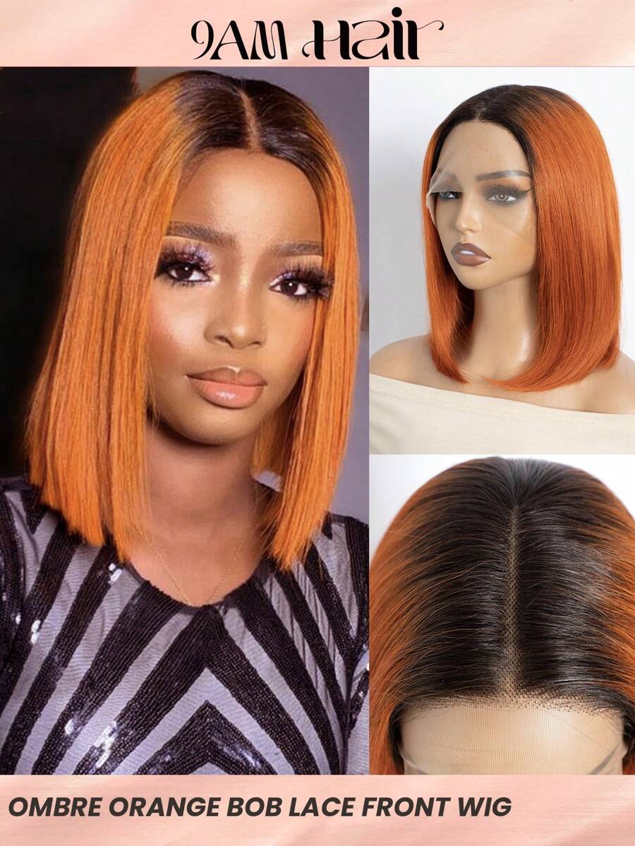 姜橙色鲍勃蕾丝前假发 人发短中分 T 部分直鲍勃假发 预拔渐变橙色 10-12 英寸 - S2/橘色 - 查看 1