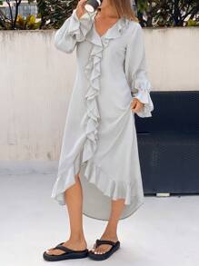 DAZY Mid-Length Satin Ruffle Hem Ladies Nightgown Pajama - Light Grey - View 4