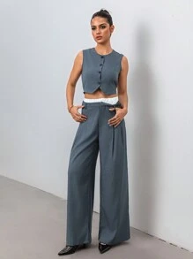 Chiquease Women Solid Front Button Sleeveless Top And Pants Suit, Simple