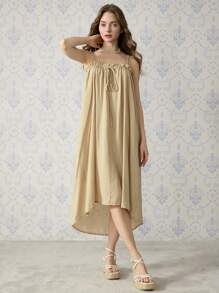 SHEIN MOD Khaki Summer Cottage Core Vacation Holiday Floaty Dress,Bohemian Backless Strappy Elegant Tea Party Date For Women,Valentine's Day Cruise Beach Dress - Khaki - View 3