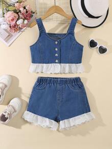 Tween Girl' Y2K Stylish Fitted Lace Trim Pleated Patchwork Washed Denim Sleeveless Top And Elastic Waist Shorts Set,Holiday,Summer,Travel - Medium Wash - View 1