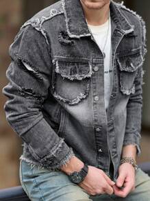 Manfinity LEGND Men's Autumn Single-Breasted Ripped Frayed Denim Jacket - Grey - View 5