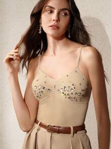 Anewsta 合身手工水钻肩带优雅性感针织吊带背心，适合情人节、夏季海滩度假、新年 - 卡其色 - 查看 7