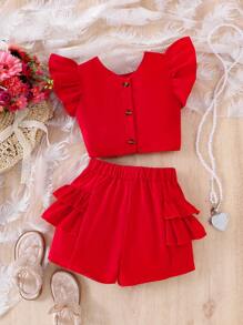 2pcs/Set Young Girl Red Bow Rhinestone Cap Sleeve Vest Top & Shorts Set, Cute Refreshing Summer Outfit - Red - View 2
