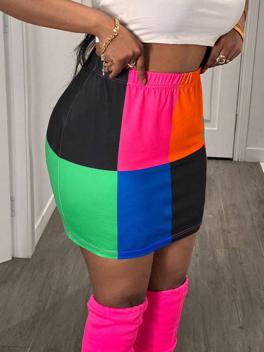 Slaydiva 大码女式亮色拼色紧身迷你裙/短裤 - 彩色 - 查看 1