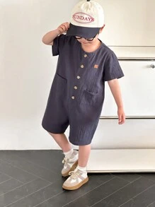 SHEIN Little Byeori Bộ đồ liền thân vải lanh màu xanh nước biển họa tiết dễ thương cho bé trai, thích hợp cho đi chơi, du lịch, đi học, mùa xuân/hè - Màu xanh lam - Xem 6