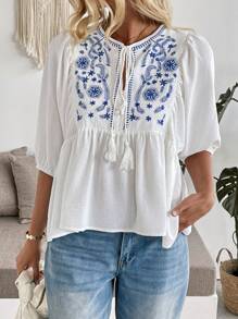 Breezaya 女式植物图案前系带灯笼袖衬衫 - 白色 - 查看 5