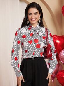 SHEIN Unity Women's Casual Heart Printed Tie Neck Blouse Fall Cloth For Women - White - View 1