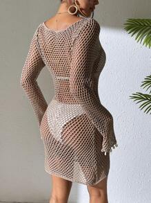 Swim Vcay 女士夏季服装 Springbreak 女士镂空透视贝壳装饰长袖喇叭袖口船领针织沙滩罩衫连衣裙 - 卡其色 - 查看 2