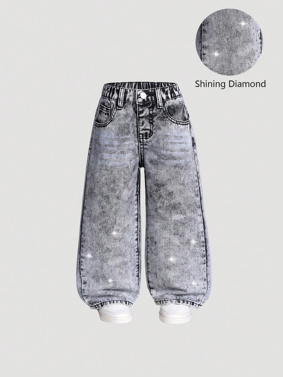 SHEIN Young Girl' Grey Denim Rhinestone Embellished Wide-Leg Jeans - Grey - View 1