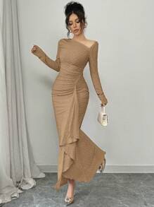 Elenzga 女士优雅通勤连衣裙，不对称领口，腰部收褶，荷叶边下摆，纹理针织，长袖纯色长裙