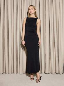 AiiRZ Vestido de noche sin mangas con pliegues, vestido de columna ajustado hasta el suelo para ocasiones especiales, fiesta formal, invitado de boda, elegante y sofisticado de uso versátil - Negro - Ver 1