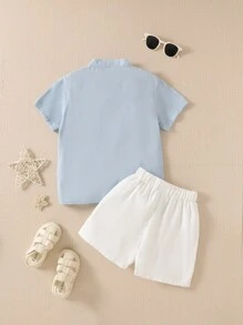 Souflis Souflis 2 件装年轻男孩休闲浅蓝色纯色立领短袖衬衫和短裤套装