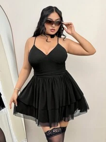 SHEIN ICON Falda midi negra de talla grande con escote en V, plisado en la cintura y doble capa