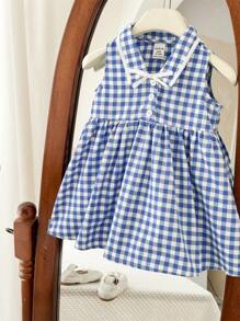 SHEIN Babygirl Summer Cute Vacation Blue Plaid Collar Dress - Blue and White - View 5