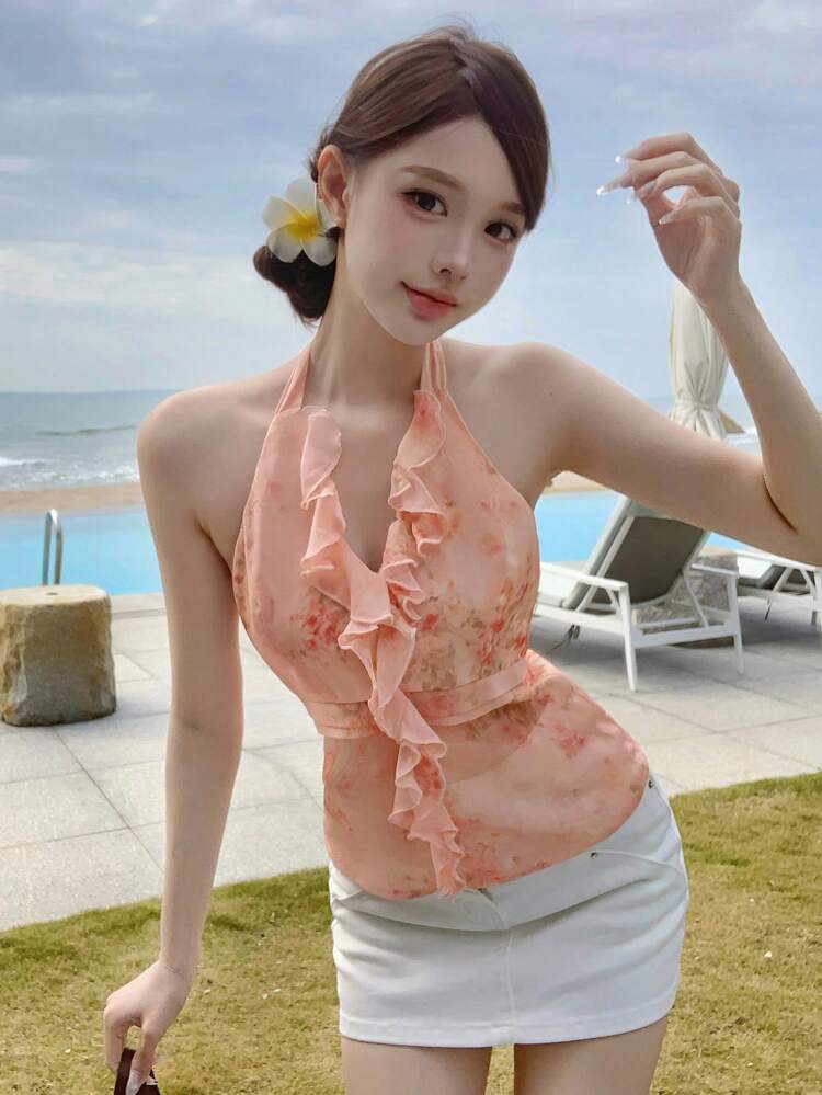 Allover Ditsy Floral Mesh Patchwork Halter Neck Blouse For Women Summer Cruise Women,Ruffle,Beach Going Out Tops Vacation