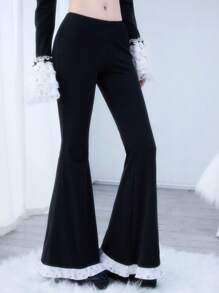 ROMWE Kawaii Women's Lace Patchwork Simple Flared Trousers, Casual Daily Wear - Black - View 1