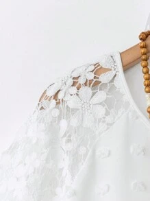 SHEIN LUNE Áo cánh tay ngắn ren tương phản Jacquard cỡ lớn cho nữ - trắng - Xem 4